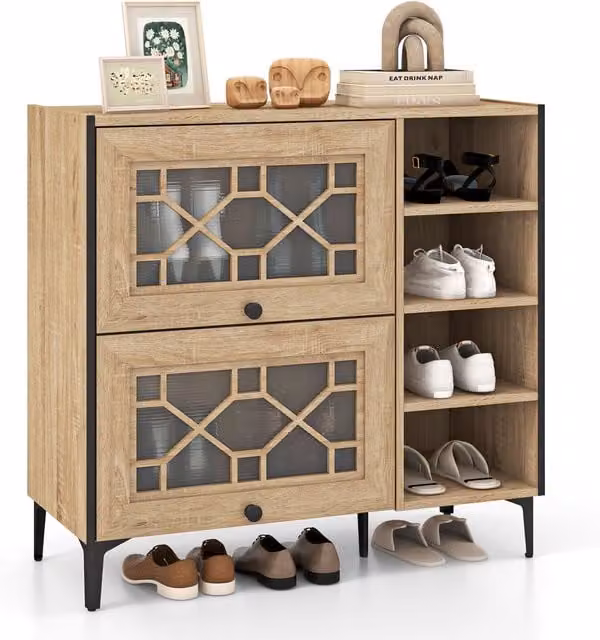 Costway Freestanding Shoe Storage Cabinet with Tilting Flip Doors in Light Oak