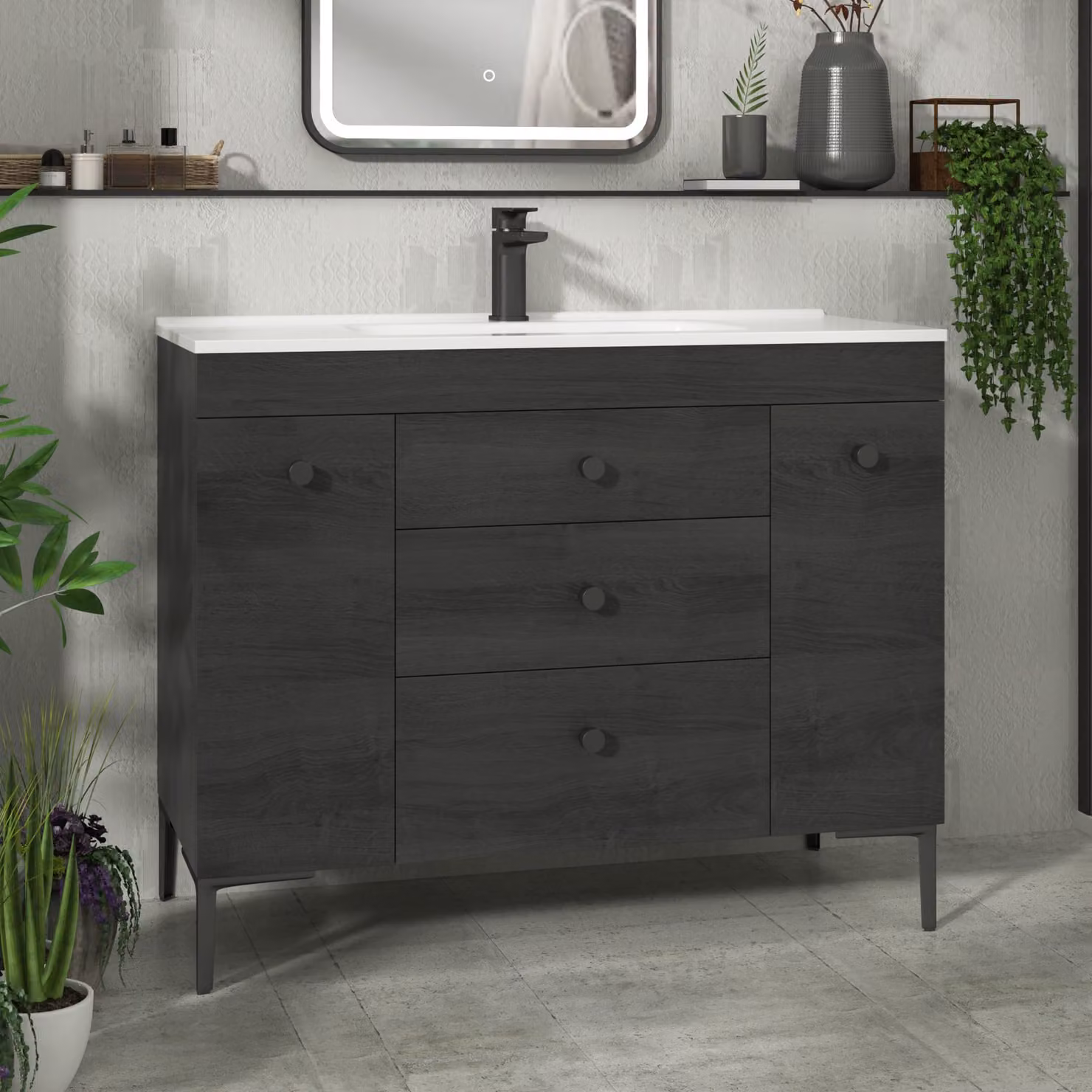 Royal Bathrooms Verona 1000mm Black Woodgrain Floor Standing Vanity Unit with 3 Drawers, Dual Side Pull Out Storage and Ceramic Basin