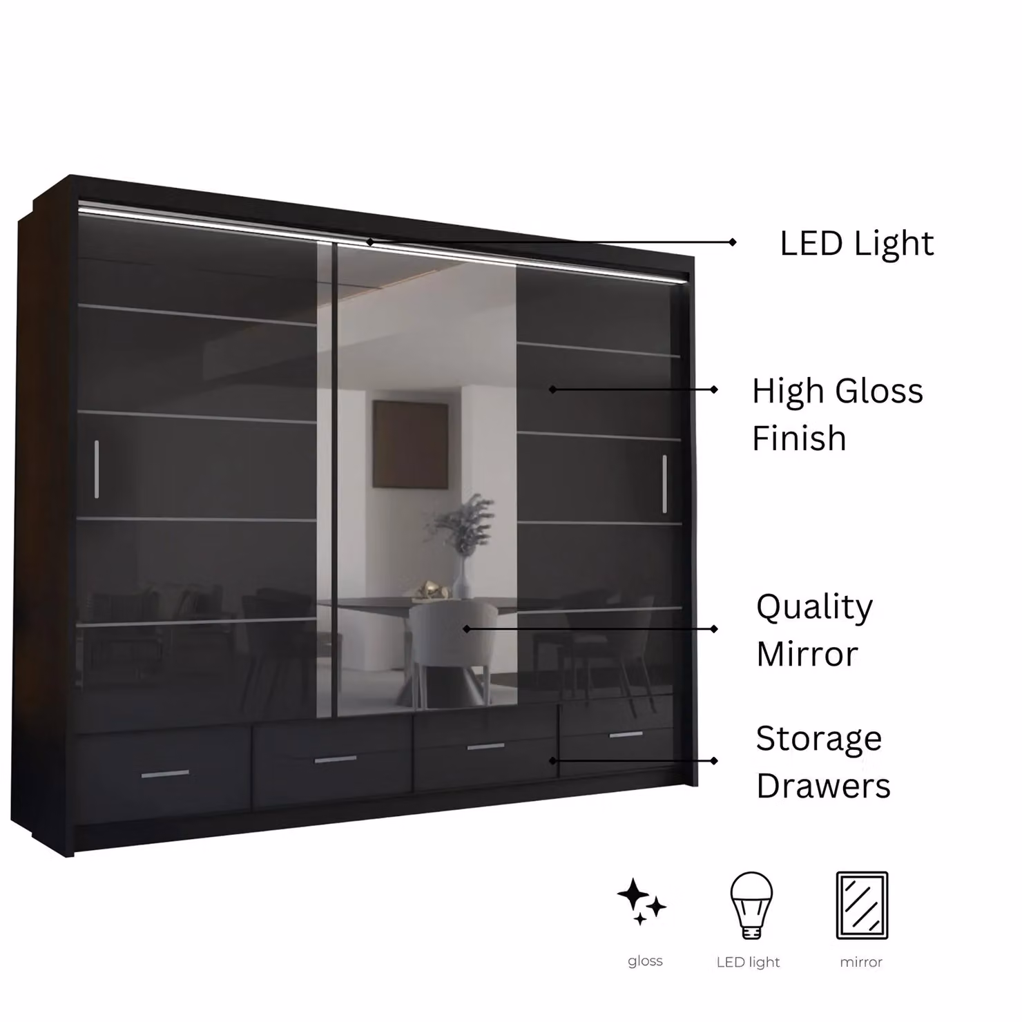 Sliding Wardrobes 4U Luxury High Gloss Sliding Wardrobe with Integrated LED Light, Black, W: 255 cm, H: 220 cm – 3