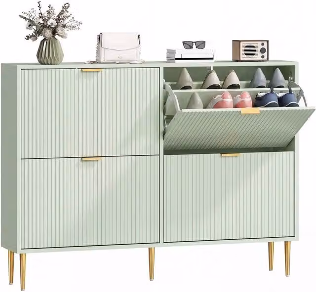 Kelvenix Slim Shoe Storage Cabinet with 4 Tilting Compartments in Matt Green and Gold – 1