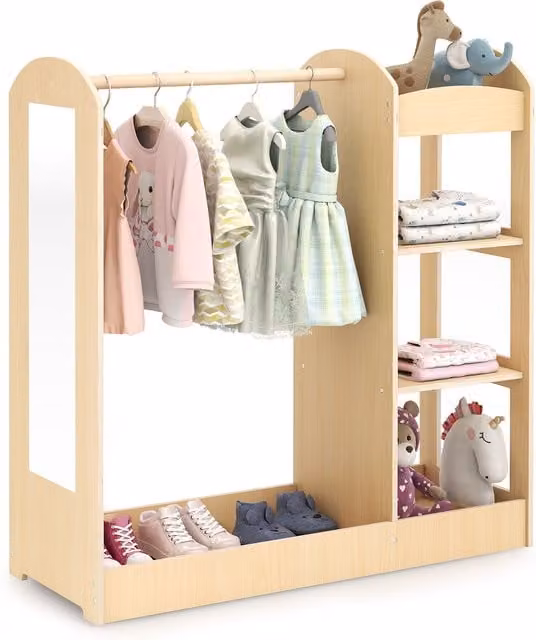 Costway Kids Storage Closet with Mirror in Natural Wood and Beige Finish