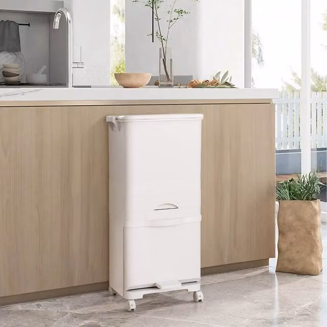 Lifeideas 2-Tier Waste Separation Bin with Flip Lid and Wheels, White, 42 l