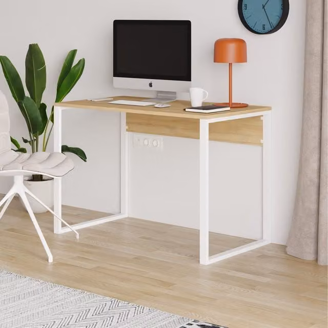 Decortie Inna Modern Computer Desk in Natural with Black Metal Legs W: 110 cm, H: 75 cm, D: 60 cm
