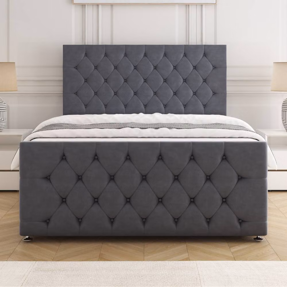 BSSPOKE Maya Plush Velvet Divan Bed with 24 inch Headboard, 2 Drawers, Footend and Mattress in Grey, Size: King (W/D/H: 180 x 200 cm) – 2