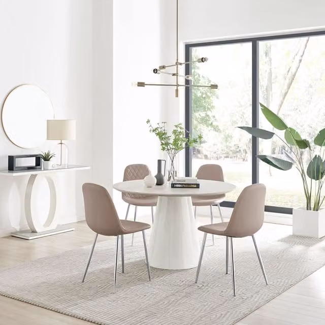 FurnitureboxUK Palma Beige Stone Effect Round Dining Table and 4 Corona Silver Chairs Set