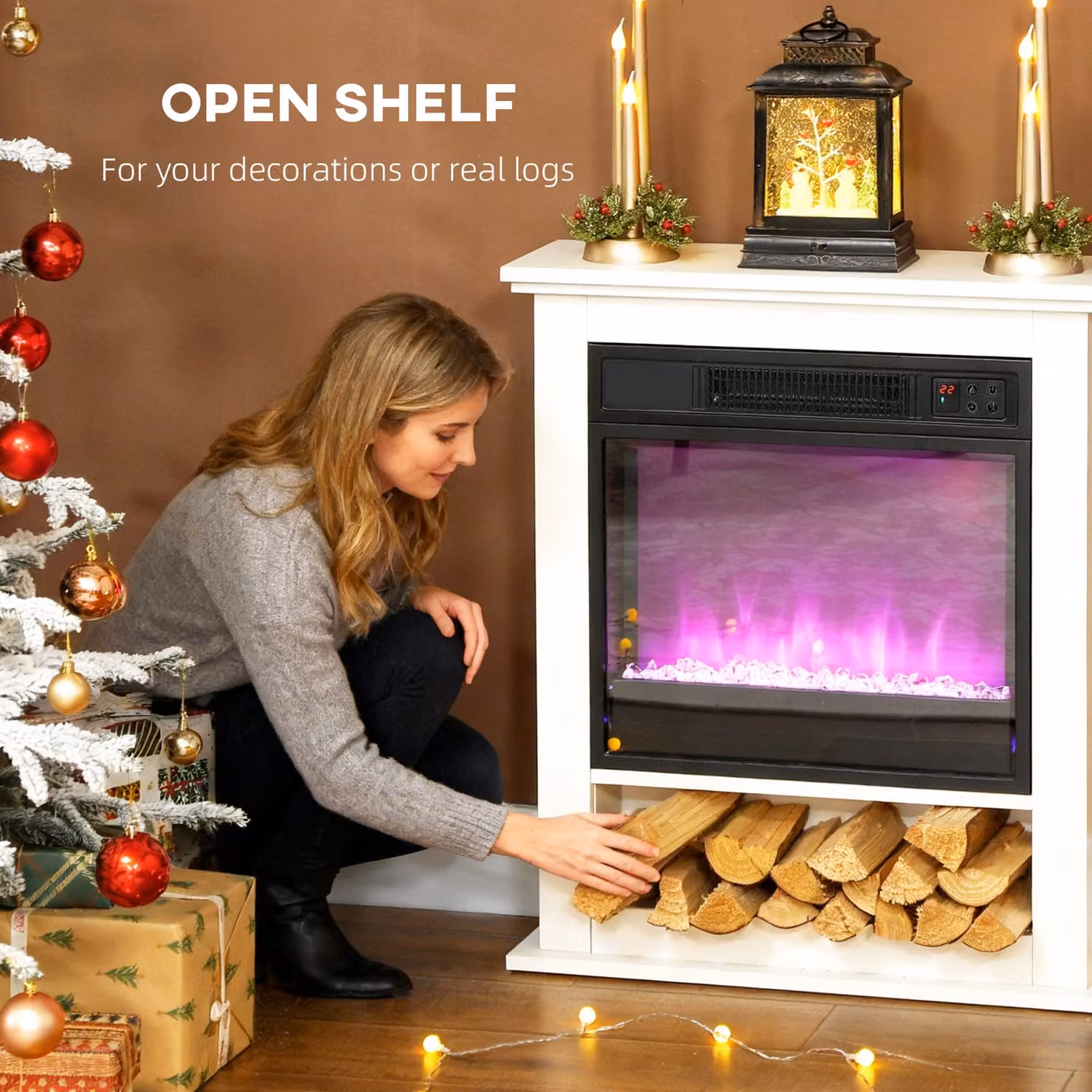 HOMCOM 1800W Adjustable Faux Flame Electric Fireplace, White – 3