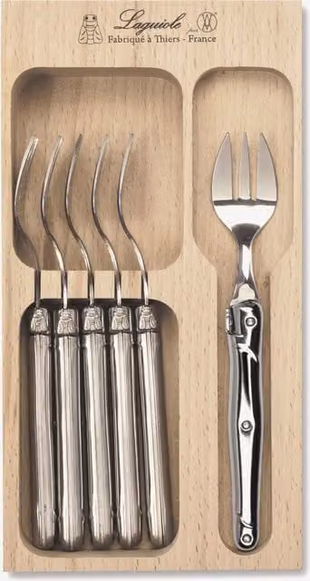 Laguiole Polished Silver Stainless Steel Cake Fork Set with Wooden Tray