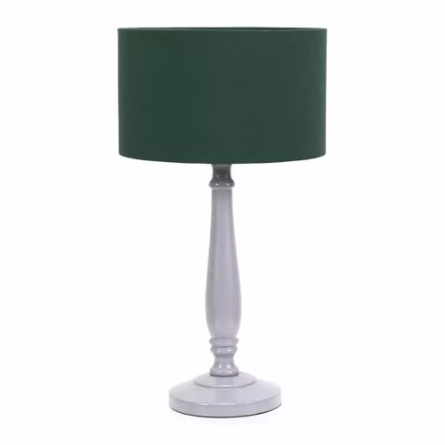 ValueLights Traditional Grey Wood Table Lamp with Green Fabric Drum Shade and LED Bulb