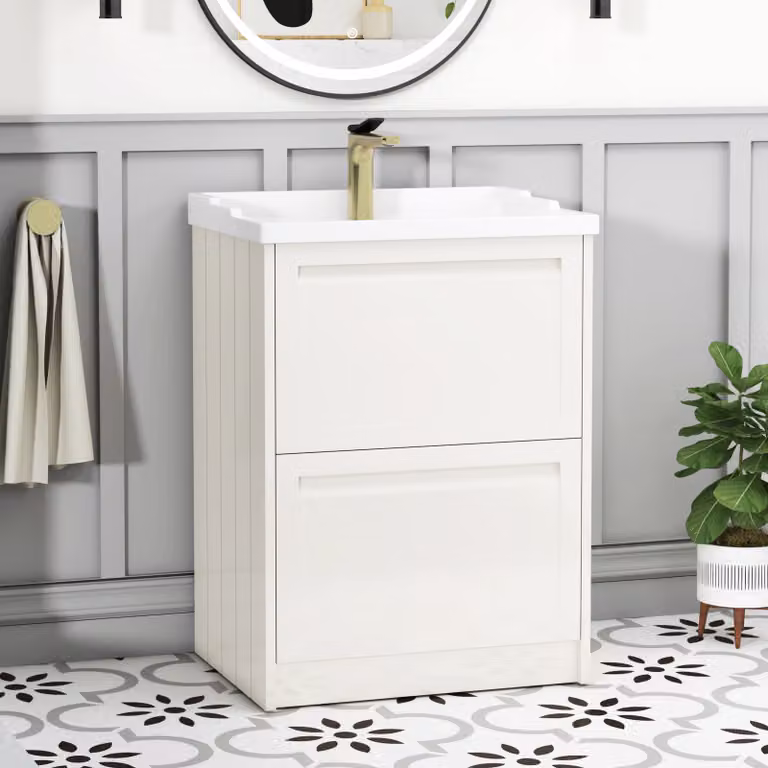 Royal Bathrooms Elmore Traditional Floor Standing 2 Drawer Vanity Unit with Ceramic Basin, Classic White