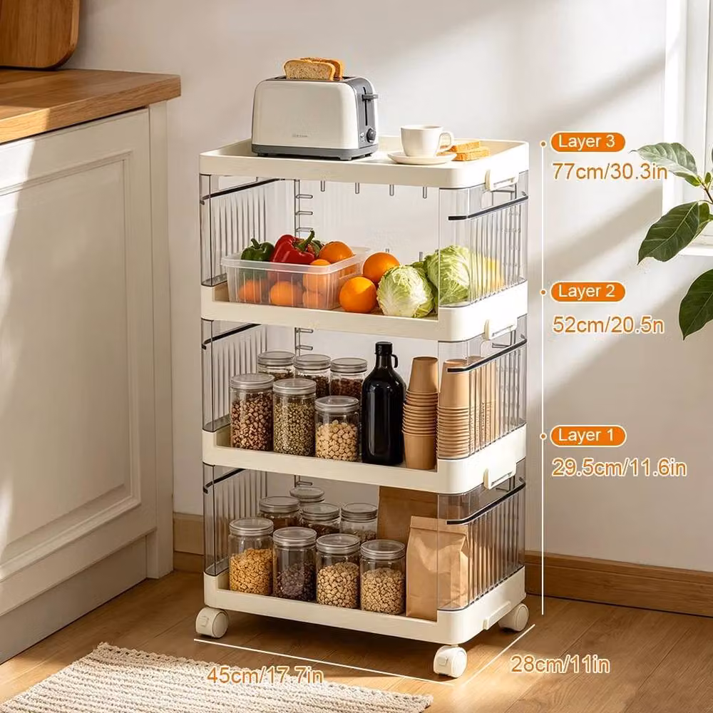 KORVIXA 4 Tier Rolling Storage Trolley with Side Guards in Cream, W: 60 cm, H: 60 cm – 2
