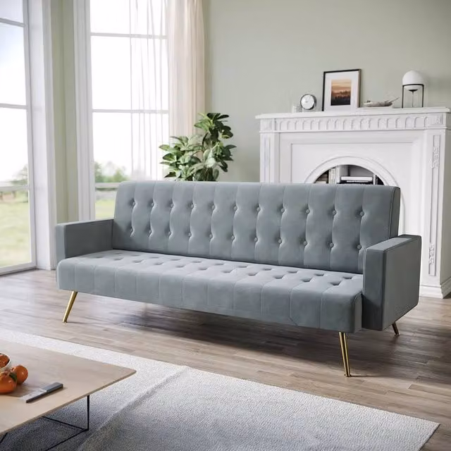 FLAVORA 3 Seater Grey Velvet Click Clack Sofa Bed with Solid Wood Frame – 1