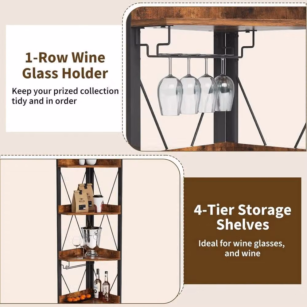 VOGREX Industrial Corner Bar Cabinet in Brown with Glass Doors, Wine Rack and Glass Holder, Height: 178 cm – 4