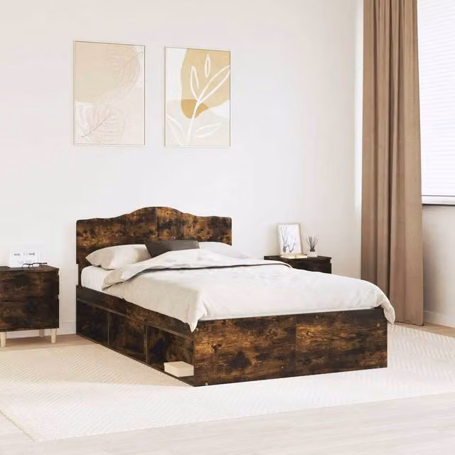 Berkfield Home Smoked Oak Bed Frame in Brown Solid Pine Wood W: 135 cm, L: 190 cm