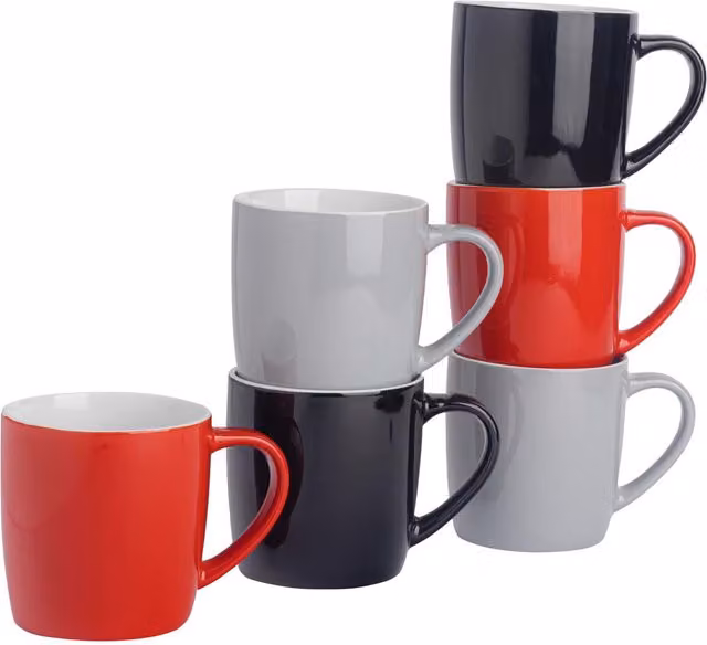 Argon Tableware Set of 6 Three-Tone Stoneware Coffee Mugs, 350ml, Red, Grey and Black