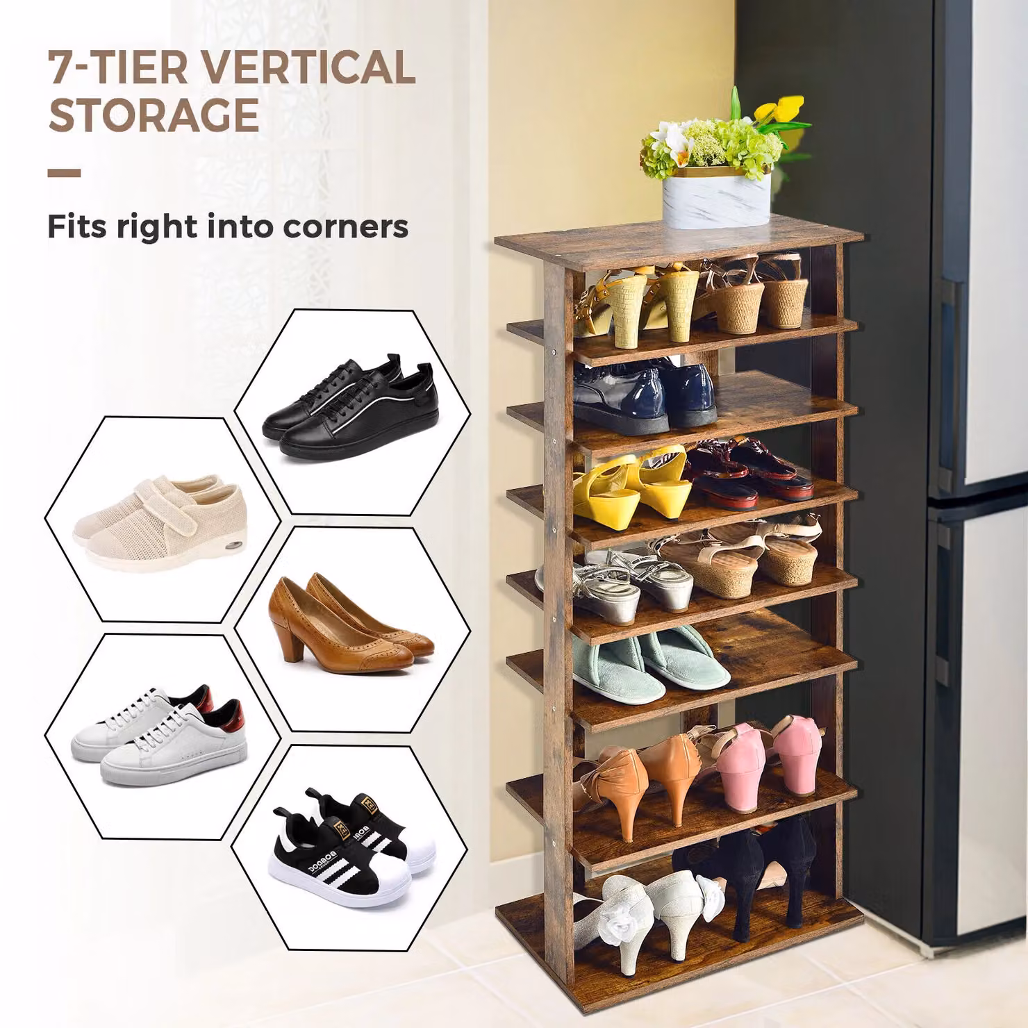 Costway 7-Tier Double Corner Shoe Rack and Vertical Display Shelf in Brown – 4