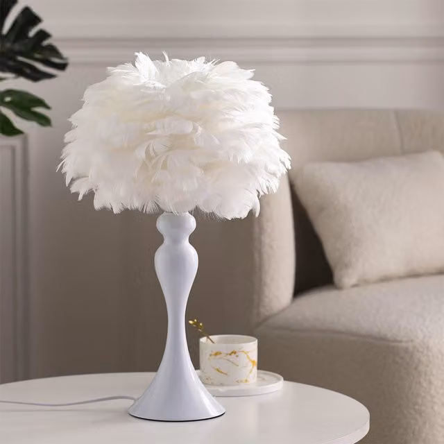 Livingandhome White Ceramic Feather Tabletop LED Lamp with Goose Feathers