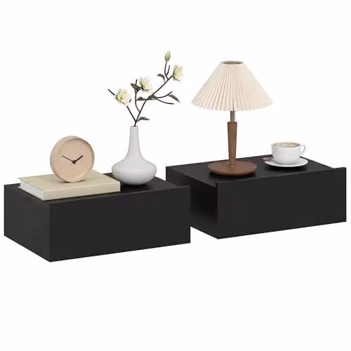 HOMCOM Set of 2 Black Wall-Mounted Floating Bedside Tables, W: 40 cm, D: 30 cm, H: 15 cm – 1
