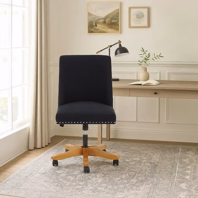 Orsina Modern Black Fabric Home Office Task Chair with Swivel Wood and Metal Base and Castors – 1