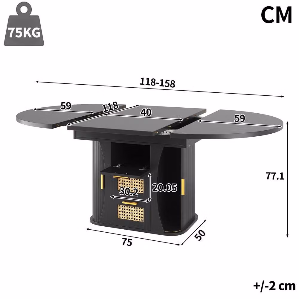 Merax Extendable Round to Oval Wooden Dining Table with 2 Rattan Drawers in Black, W: 118 cm, D: 77.1 cm, H: 75 cm – 5