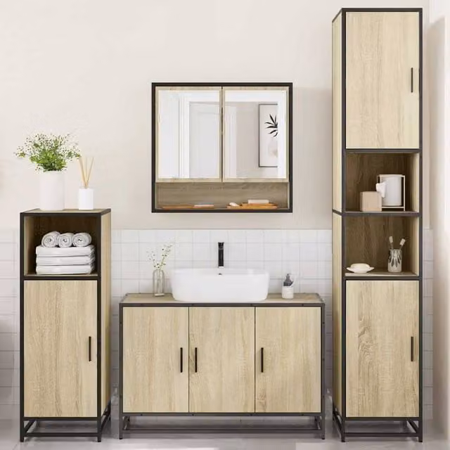 Berkfield Home 4-Piece Industrial Bathroom Furniture Set in Sonoma Oak and Tan – 1
