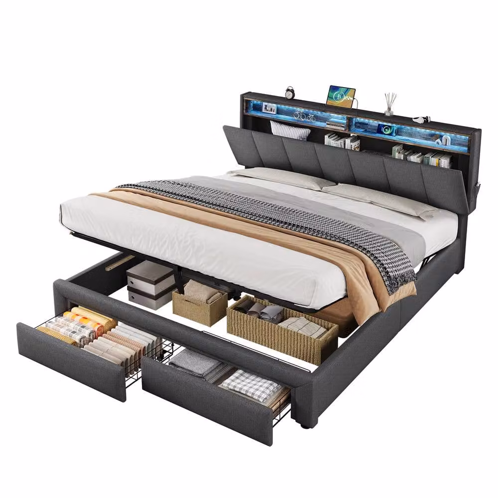 ModernLuxe King Upholstered Ottoman Bed in Grey with Drawers, LED Storage Headboard, USB Charging Ports and Bedside Shelves, W/D/H: 180 x 200 cm – 8