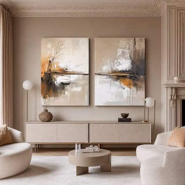 Mafett Soft Horizon Abstract Canvas Print Wall Art Set in Beige, Gold and Multicolour, W: 45.7 cm, H: 61.0 cm – 1