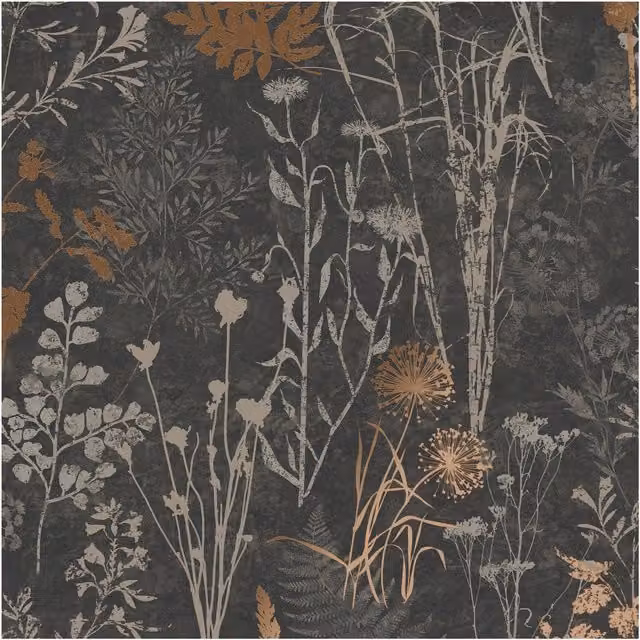 Graham & Brown Superfresco Easy Black and Copper Metallic Organics Floral Wallpaper, Width: 52 cm