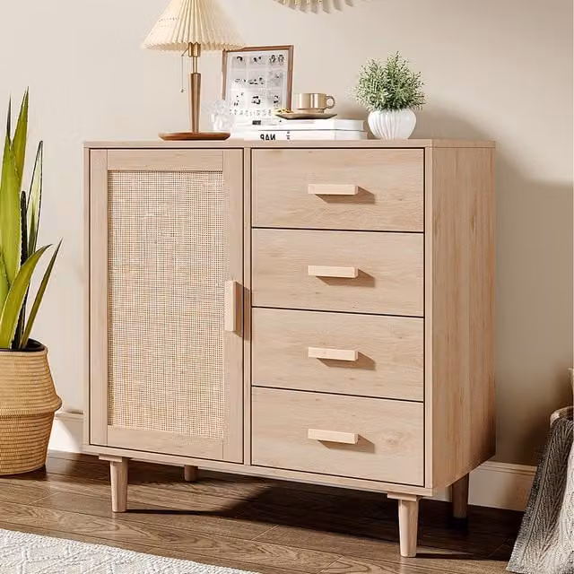 Komore Rustic Wood and Rattan Side Cabinet in Brown, Yellow and Beige