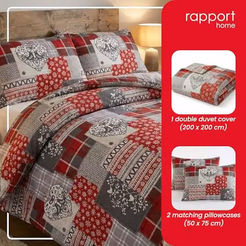 Rapport Home Alpine Patchwork Flannelette Cotton Duvet Cover and Pillowcase Set, Red/Grey/Multicolour, W/H: 135 x 200 cm, Pillowcase: 50 x 75 cm – 3
