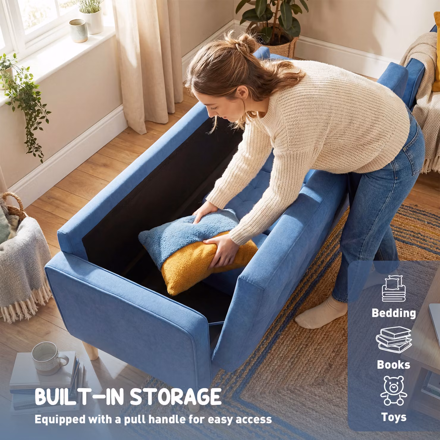 HOMCOM 3 Seater Blue Fabric Sofa with Hidden Storage and Wood Legs, W: 169 cm, H: 82 cm, D: 33.7 cm – 5