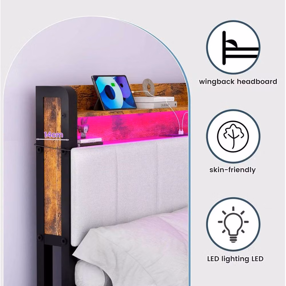 FLAVORA Metal Bed Frame with USB Charging Port in Grey, W/D/H: 140 x 200 cm – 4