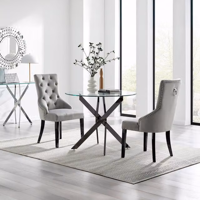 FurnitureboxUK Novara Round Glass Dining Table and 2 Belgravia Chairs in Grey and Black