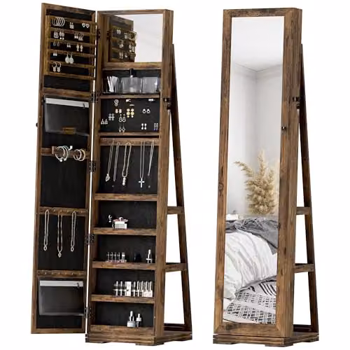 HOMCOM 360 Swivel Free Standing Jewellery Cabinet with Mirror in Rustic Brown, H 160 x W 38 x D 38 cm – 1