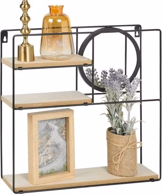 ERGOVEXA Brown Metal and Wood Floating Display Shelving with Integrated Mirror, W/D/H: 40 x 40 x 10.5 cm – 1