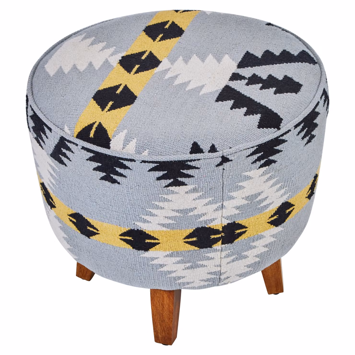 Fifty Five South Orsina Round Geometric Pattern Fabric Ottoman with Mango Wood Legs in Multicolour – 2
