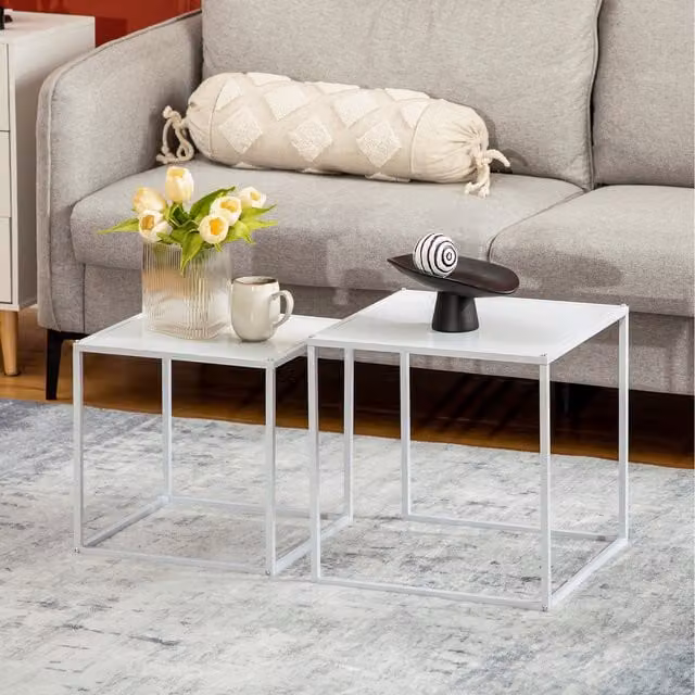 HOMCOM Set of 2 Modern Square Nesting Coffee Tables with White MDF Laminate Tops and Metal Steel Frame