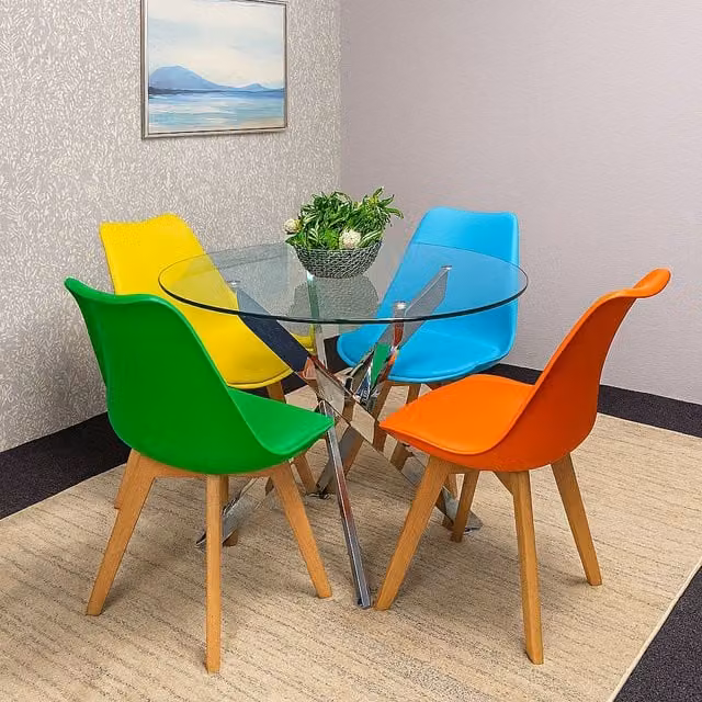 KOSY KOALA Round Glass Dining Table Set with 4 Mixed Plastic Chairs in Beige