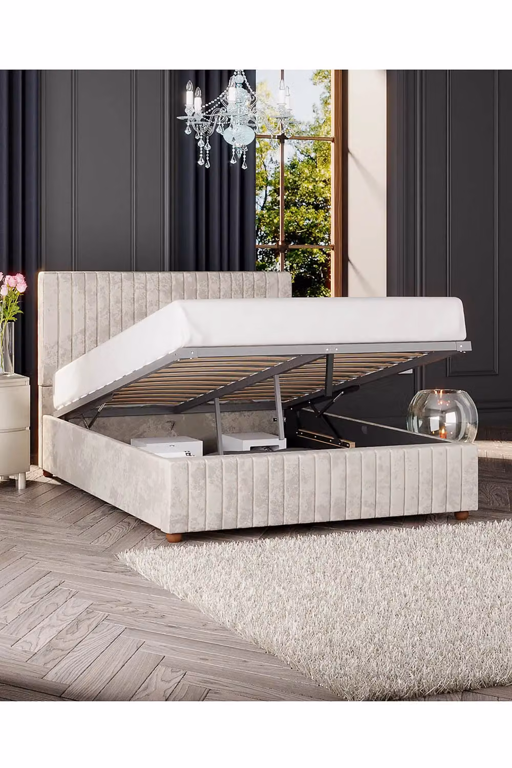 Laurence Llewelyn-Bowen Estella Ottoman Storage Bed in White Mirazzi Velvet Fabric, King Size (180 x 200 cm) – 3