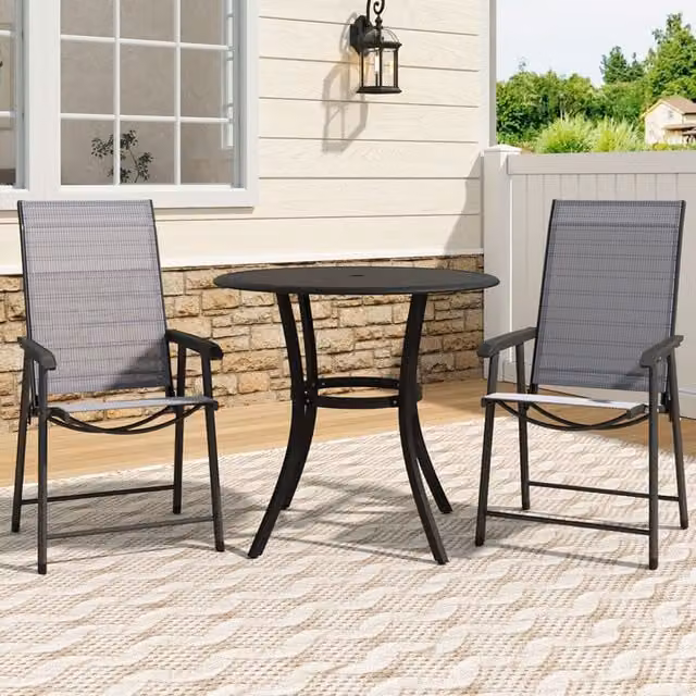 Livingandhome Metal Bistro Set with Round Slatted Garden Table and 2 Foldable Chairs in Matt Dark Grey