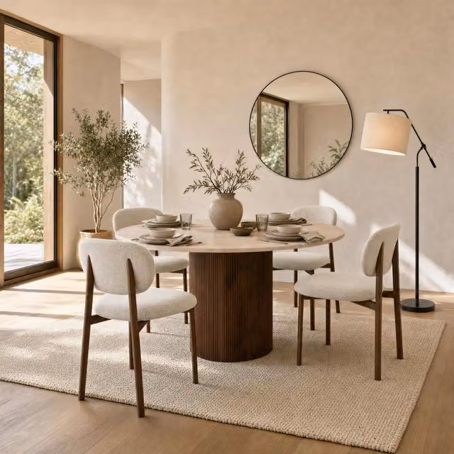 Furniturebox UK Penrose Round Cream Marble Effect Dining Table and 4 Mirelle Chairs in Light Grey, Diameter: 120 cm