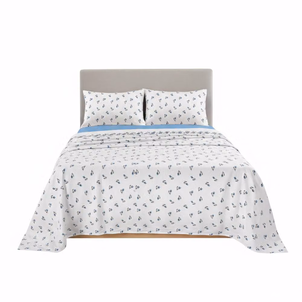 Snug City Blue and White Floral Brushed Cotton Flannelette Fitted Sheet and Matching Pillowcase Set, King Size (W: 180 cm, L: 200 cm) – 2