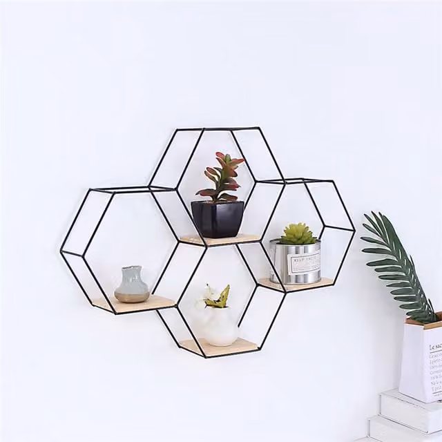 Livingandhome Industrial Floating Pine Wood Wall Mounted Shelf with Black Metal Frame, Width: 58 cm