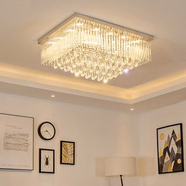 Modern Square Crystal LED Flush Ceiling Light Chandelier in Chrome with Remote Control and Dimmable RGB, W: 60 cm