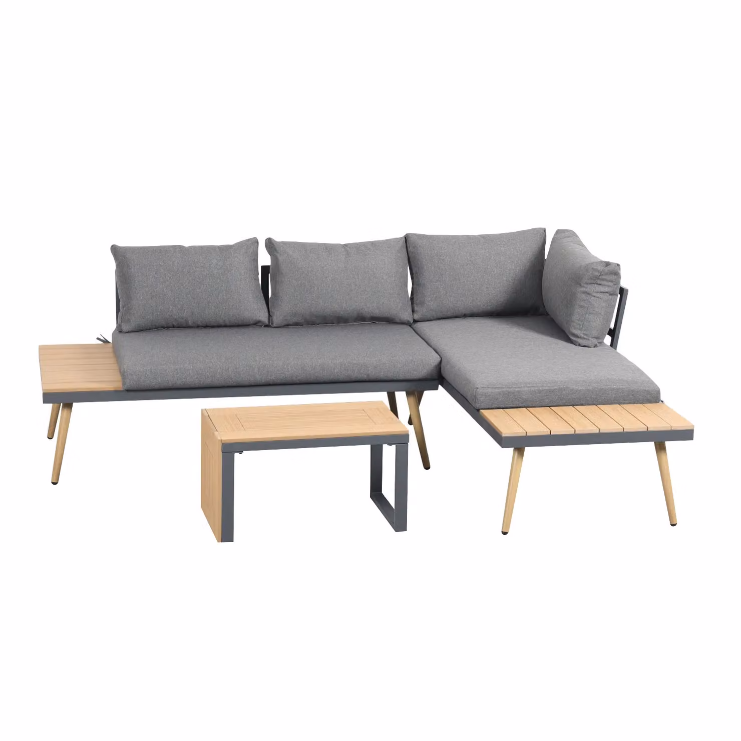 Outdoor Living Belmont Grey Metal and Poly-wood L-Shape Sectional Corner Garden Set with Upholstered Cushions and Coffee Table – 2