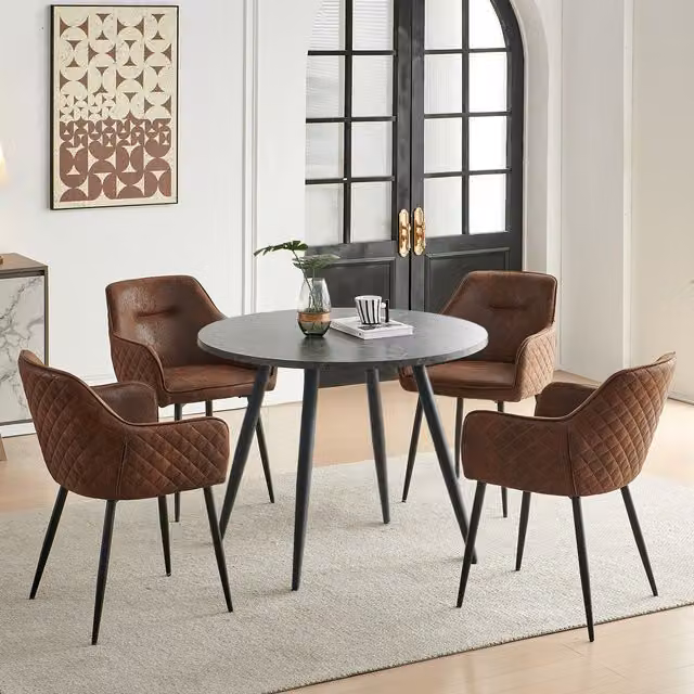 SONARA Black Marble Round Dining Table and 4 Brown Faux Suede Dining Chairs Set – 1