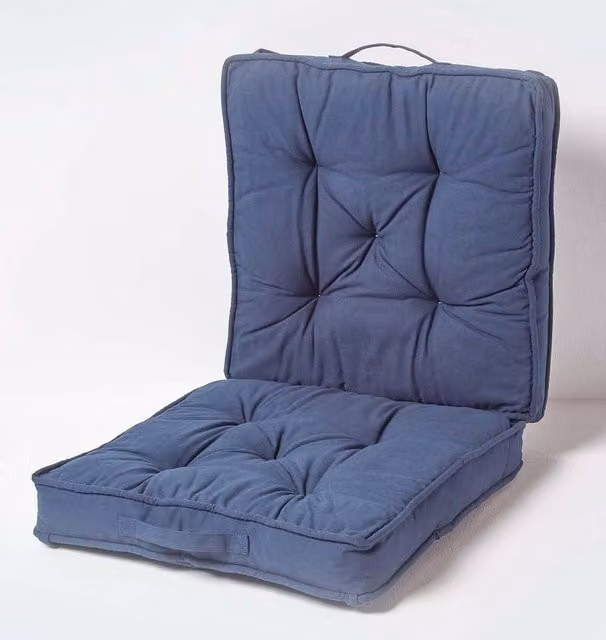 Homescapes Navy Blue Cotton Travel Booster Cushion, Firm Square Seat Pad and Backrest, W/D/H: 50 x 50 x 50 cm