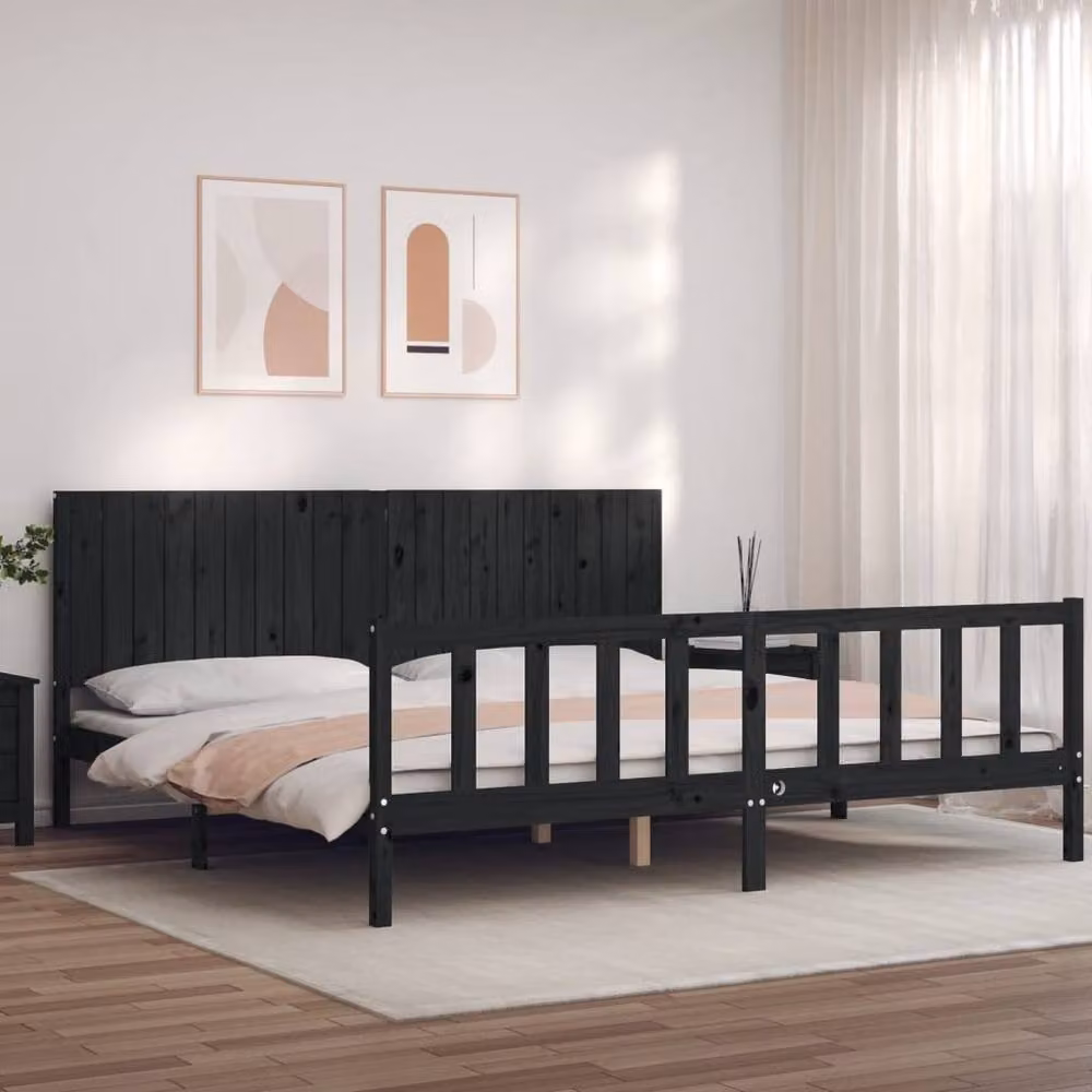 Berkfield Home Solid Wood Pine Bed Frame with Headboard in Black, 200 x 200 cm – 2