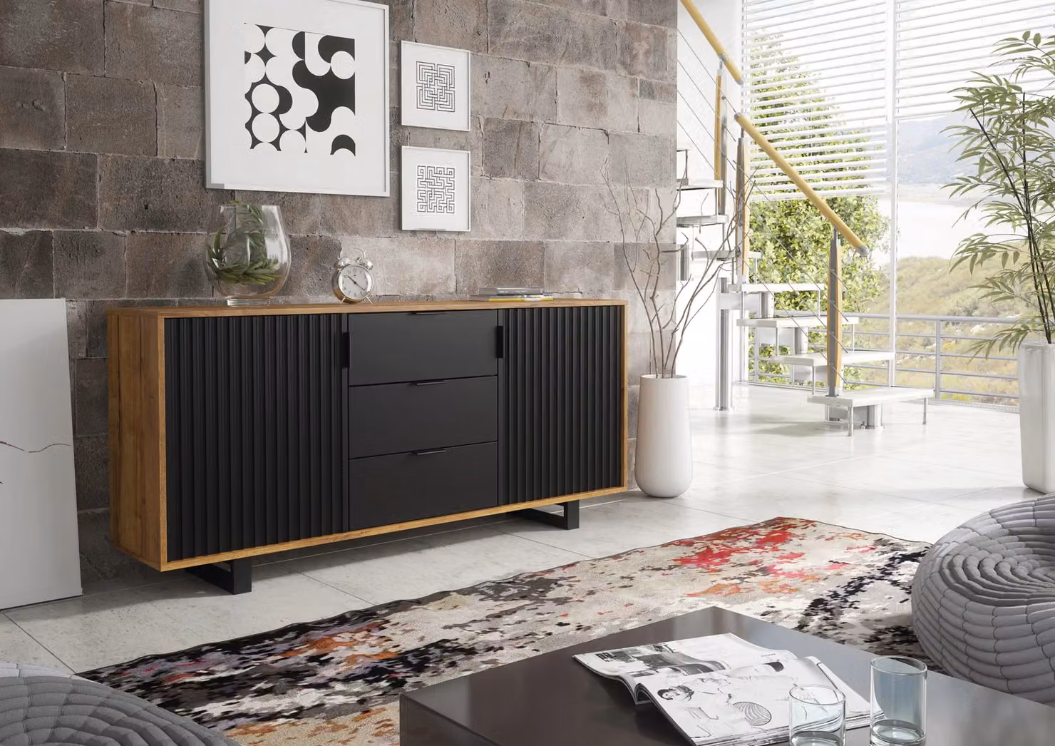 Creative Furniture Blackridge Sideboard in Dark Oak and Matte Black, W: 140 cm, H: 75 cm, D: 35 cm – 2