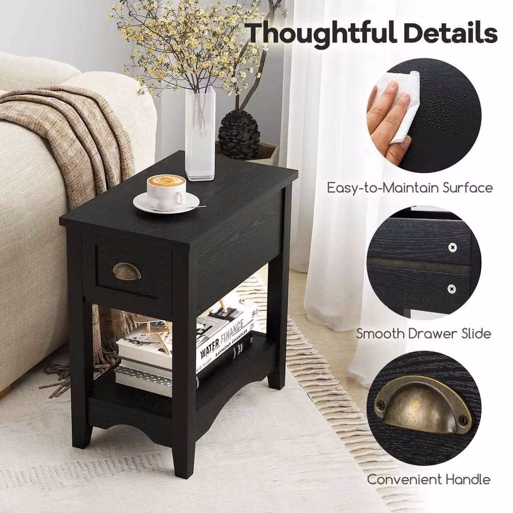 Kelvenix Retro Rectangular Side Table and Nightstand with 1 Drawer in Black – 3