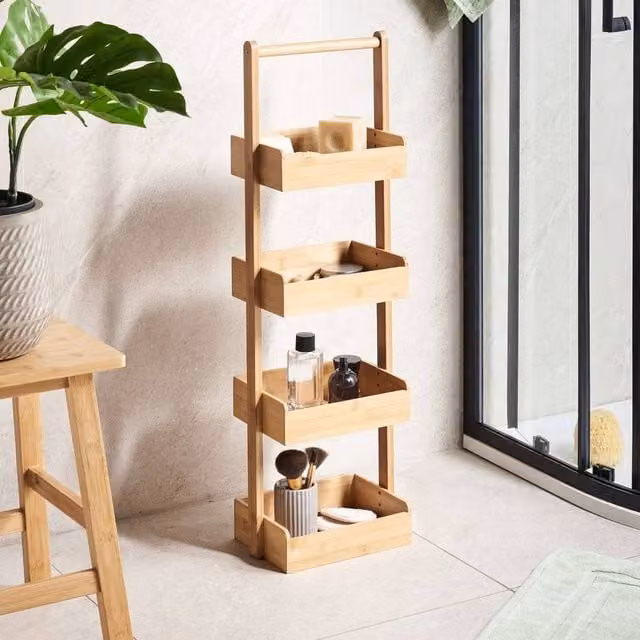 Wyld and Coco 4-Tier Bamboo Bath Shelving Unit with Basket Design in Brown